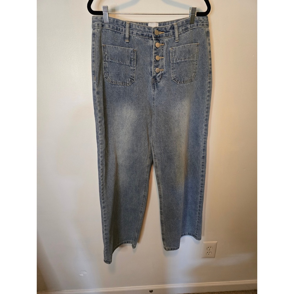 Elloh Womens XL High Waisted Wide Leg Jeans Button Fly Patch Pockets Medium Wash
